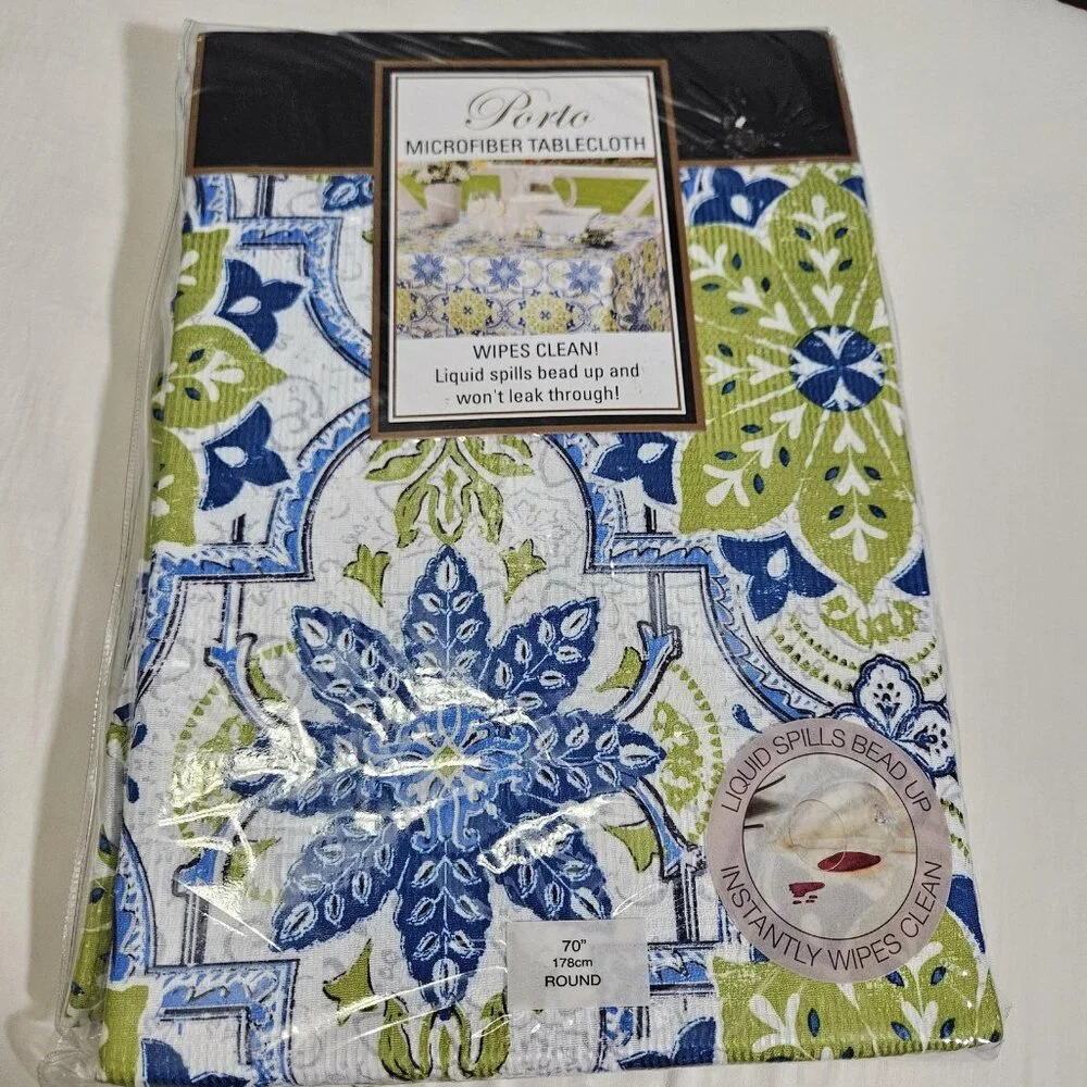 Round Tablecloth Linen 70in Porto Green Blue Floral Microfiber Wipe Clean Dining